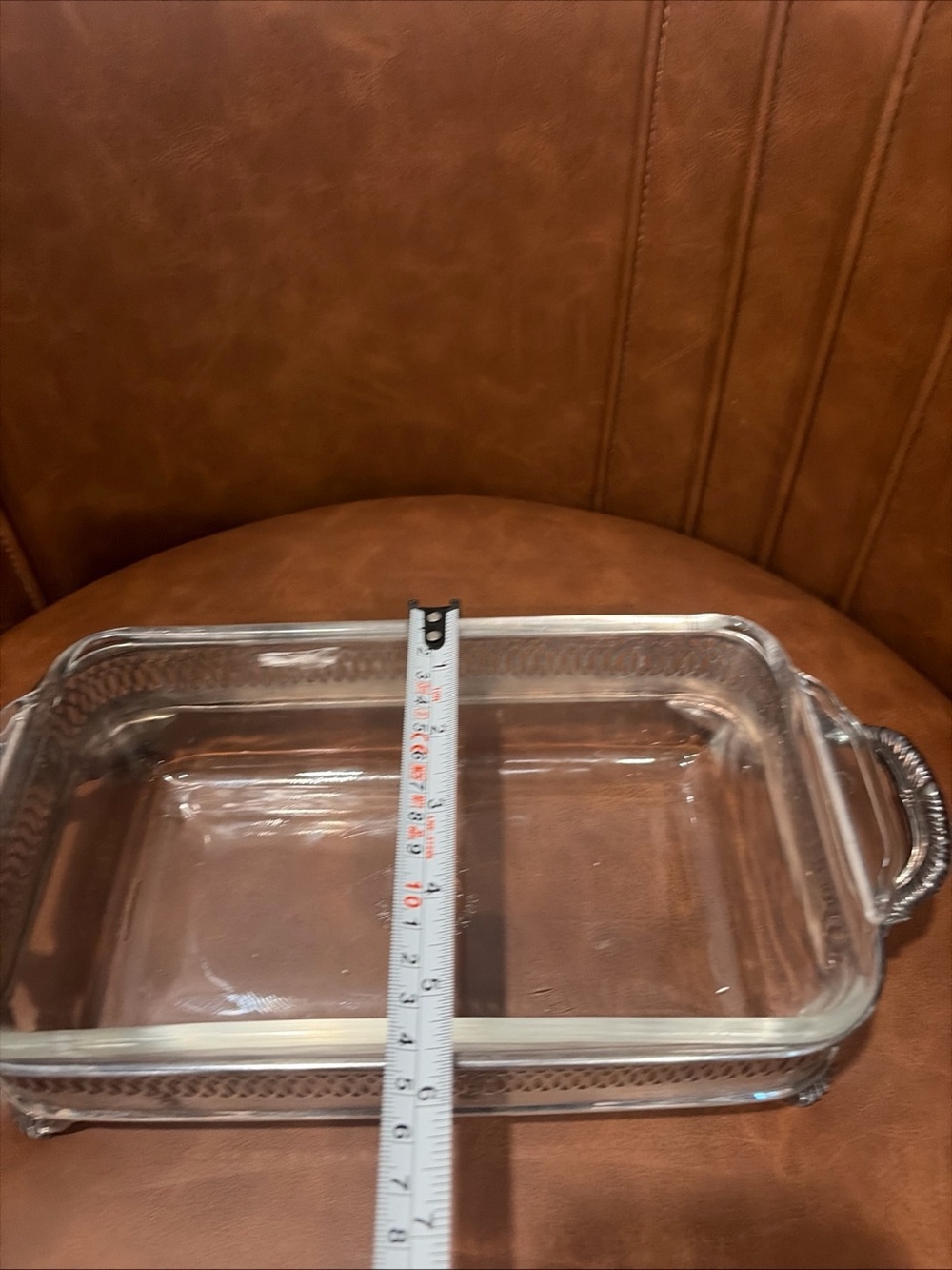 Vintage silver-plated Footed stand. Anchor Hocking Fire King casserole dish 409 - Picture 10 of 11